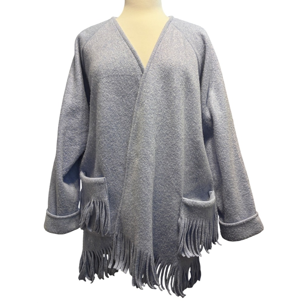 Style Studio Fringe Open Front Cardigan Womens S/M Blue Excellent Boho Shacket